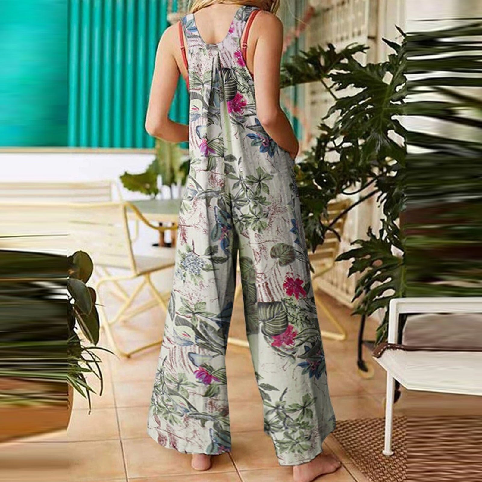 Printed Button Suspender Jumpsuit