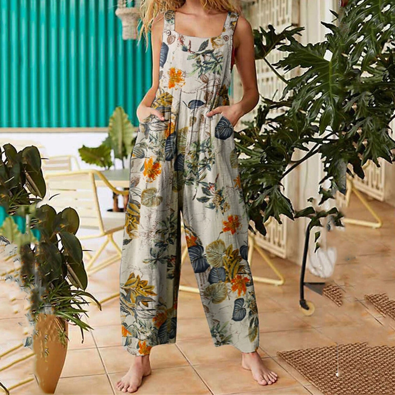 Printed Button Suspender Jumpsuit