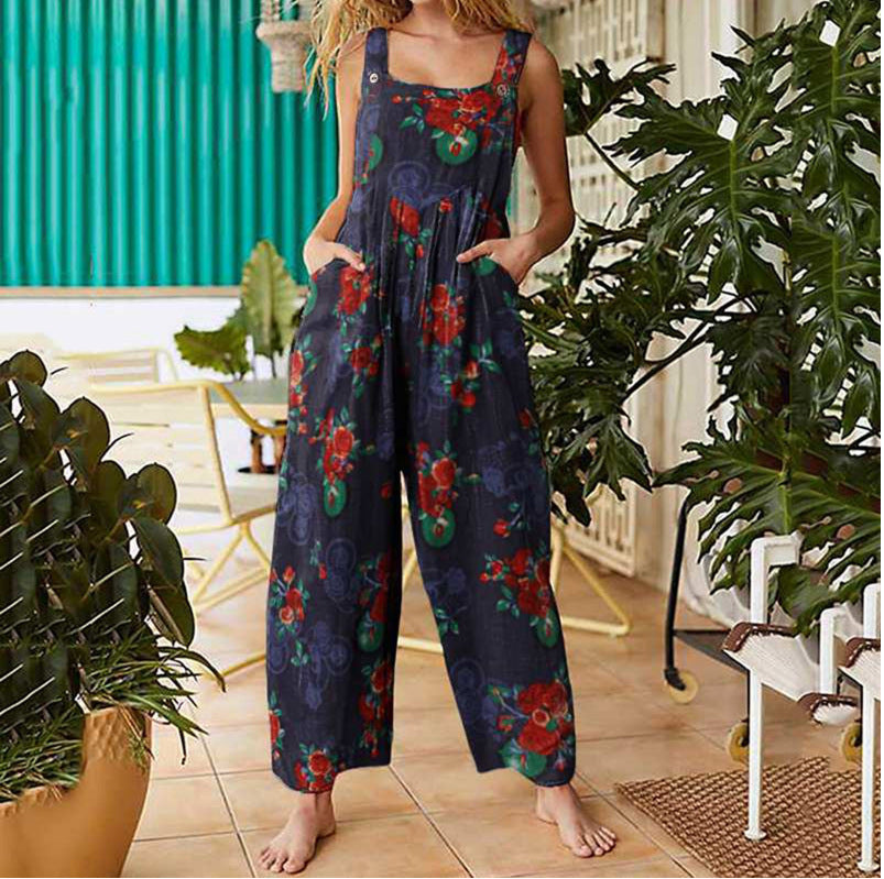 Printed Button Suspender Jumpsuit