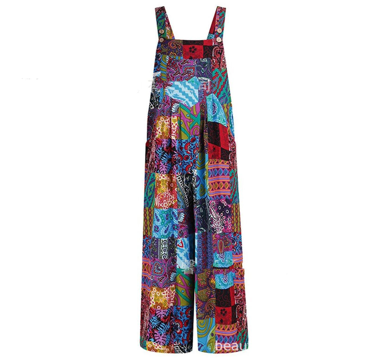 Printed Button Suspender Jumpsuit