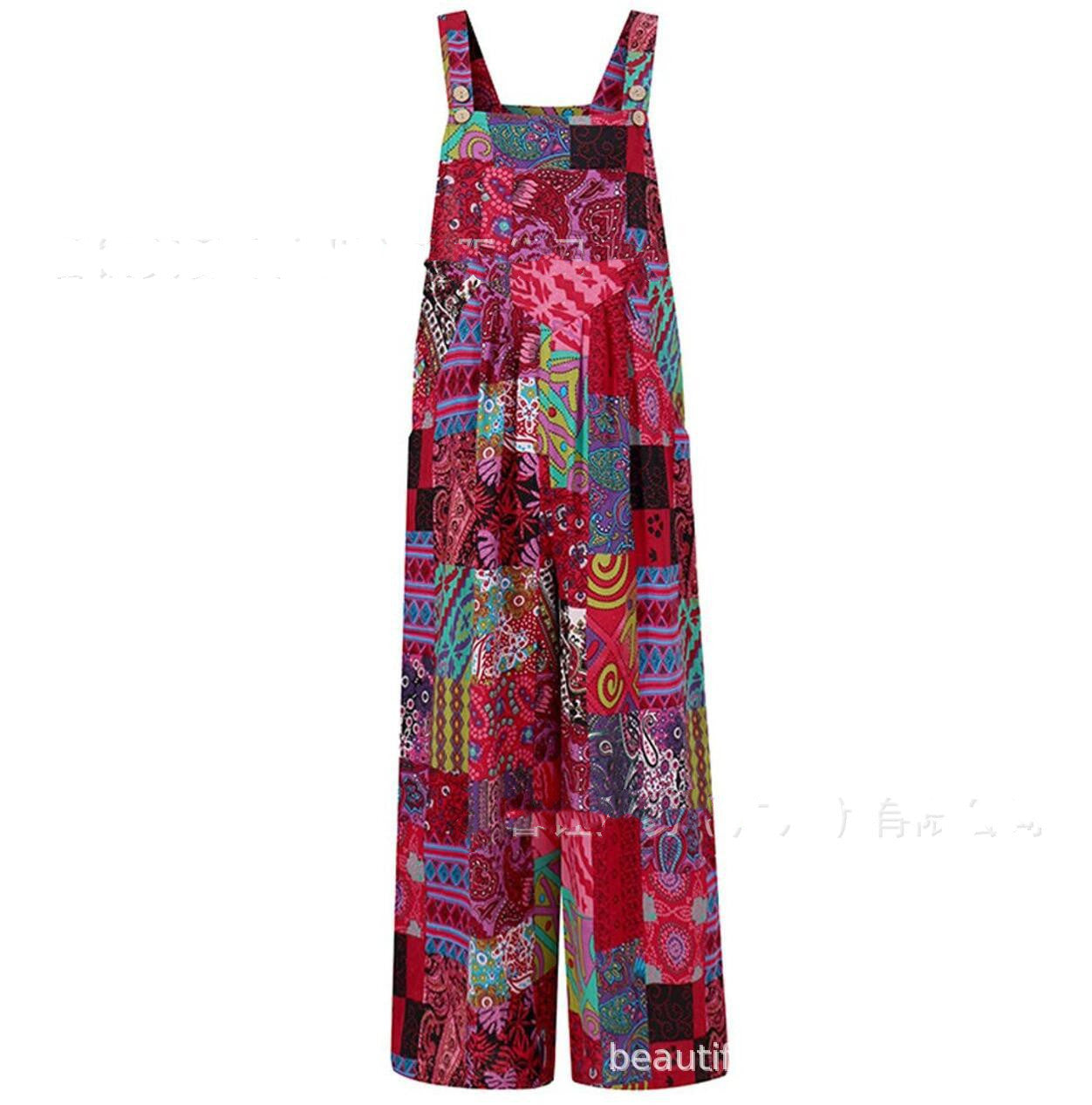 Printed Button Suspender Jumpsuit