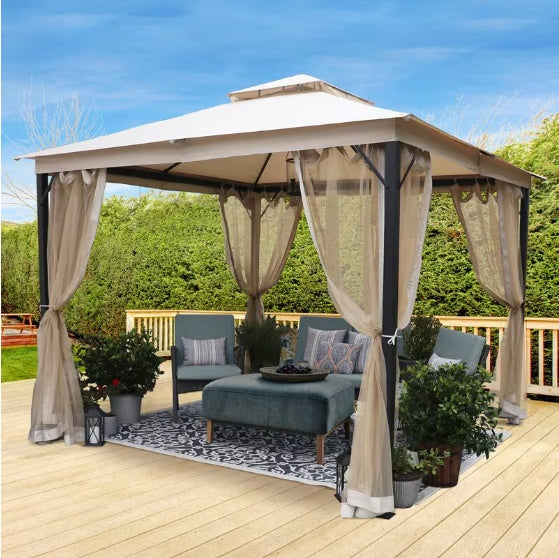 10X10FT SOFT TOP METAL GAZEBO WITH MOSQUITO NET AND SUN SHADE