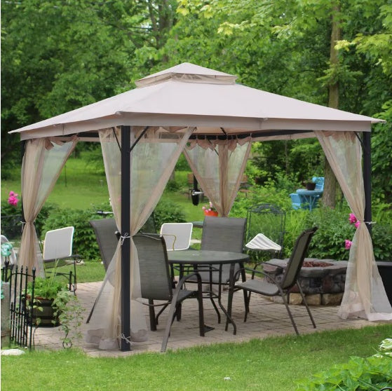 10X10FT SOFT TOP METAL GAZEBO WITH MOSQUITO NET AND SUN SHADE