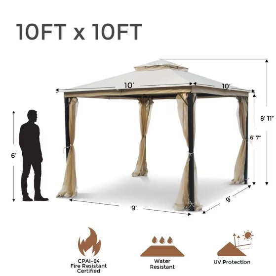 10X10FT SOFT TOP METAL GAZEBO WITH MOSQUITO NET AND SUN SHADE