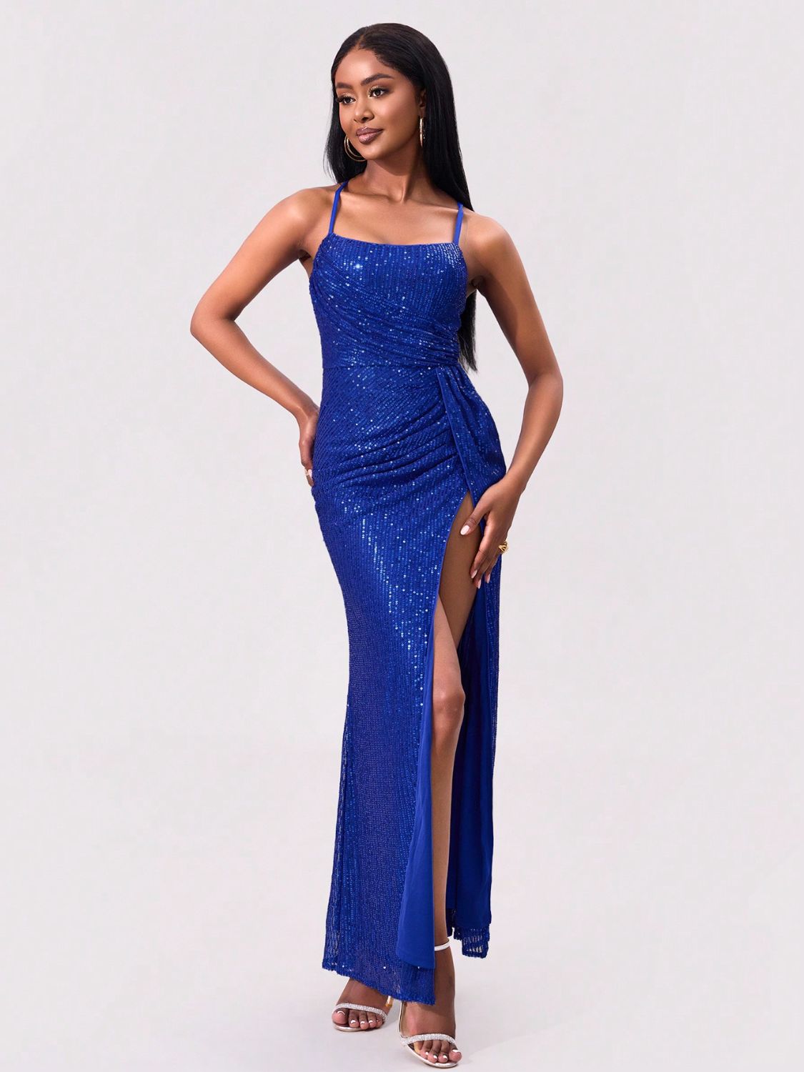 Slit Sequin Square Neck Spaghetti Strap Dress