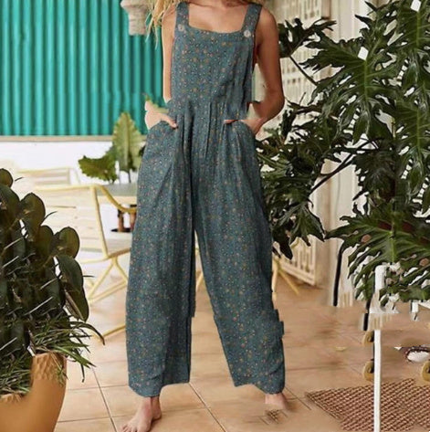 Printed Button Suspender Jumpsuit