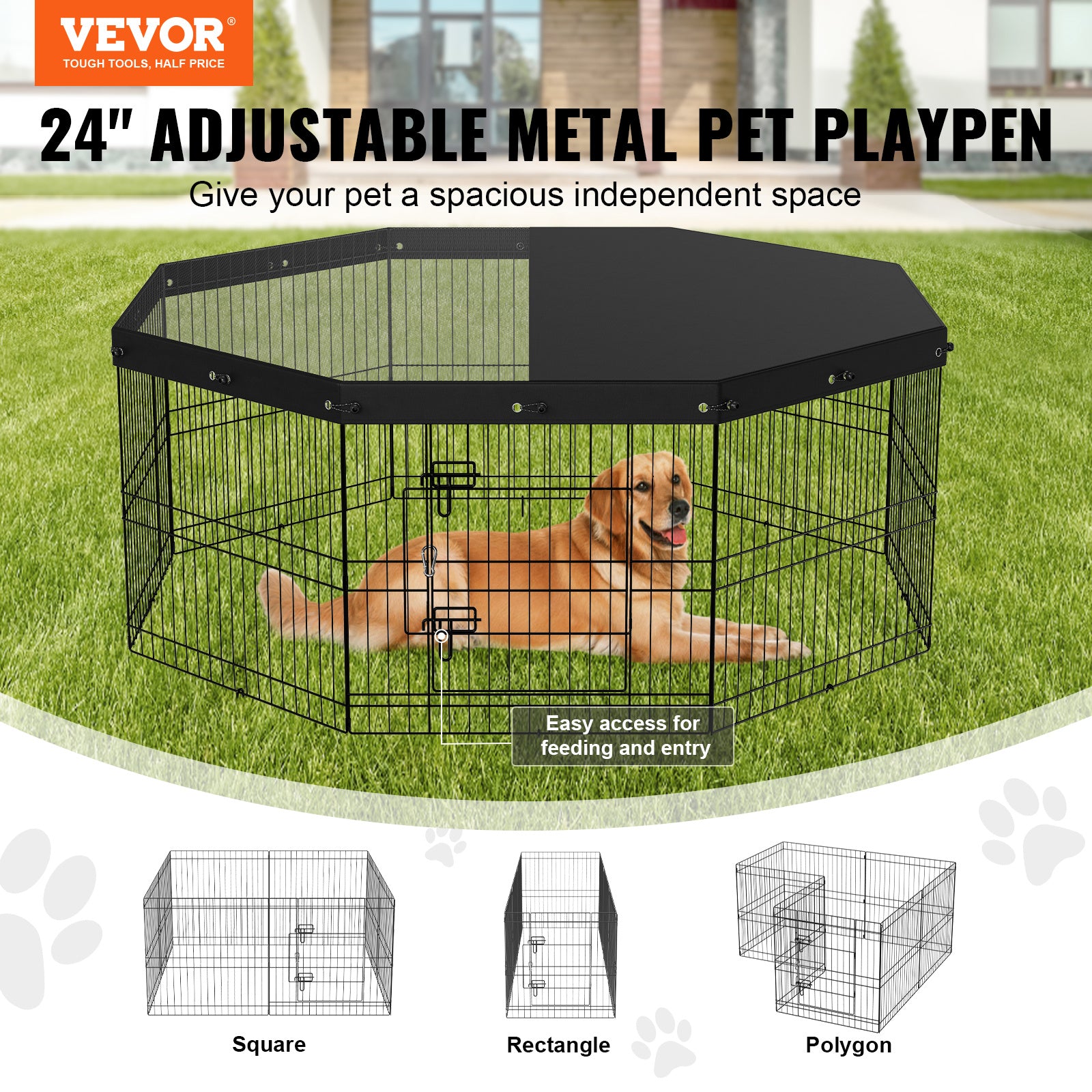 8 Panels Foldable Metal Dog Playpen With Top Cover, 24inch H