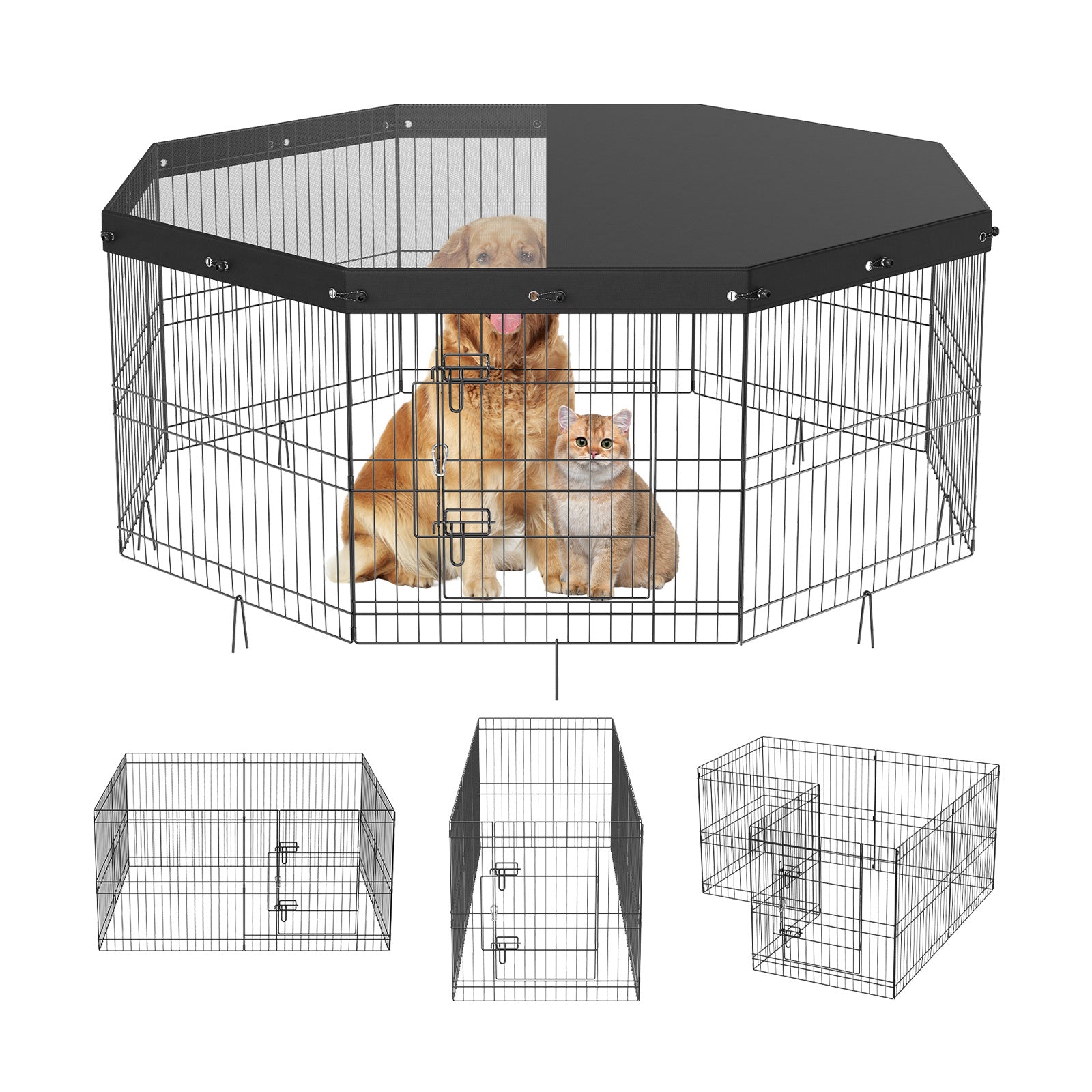 8 Panels Foldable Metal Dog Playpen With Top Cover, 24inch H