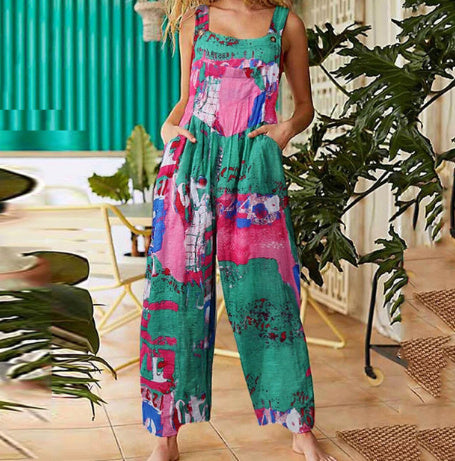 Printed Button Suspender Jumpsuit