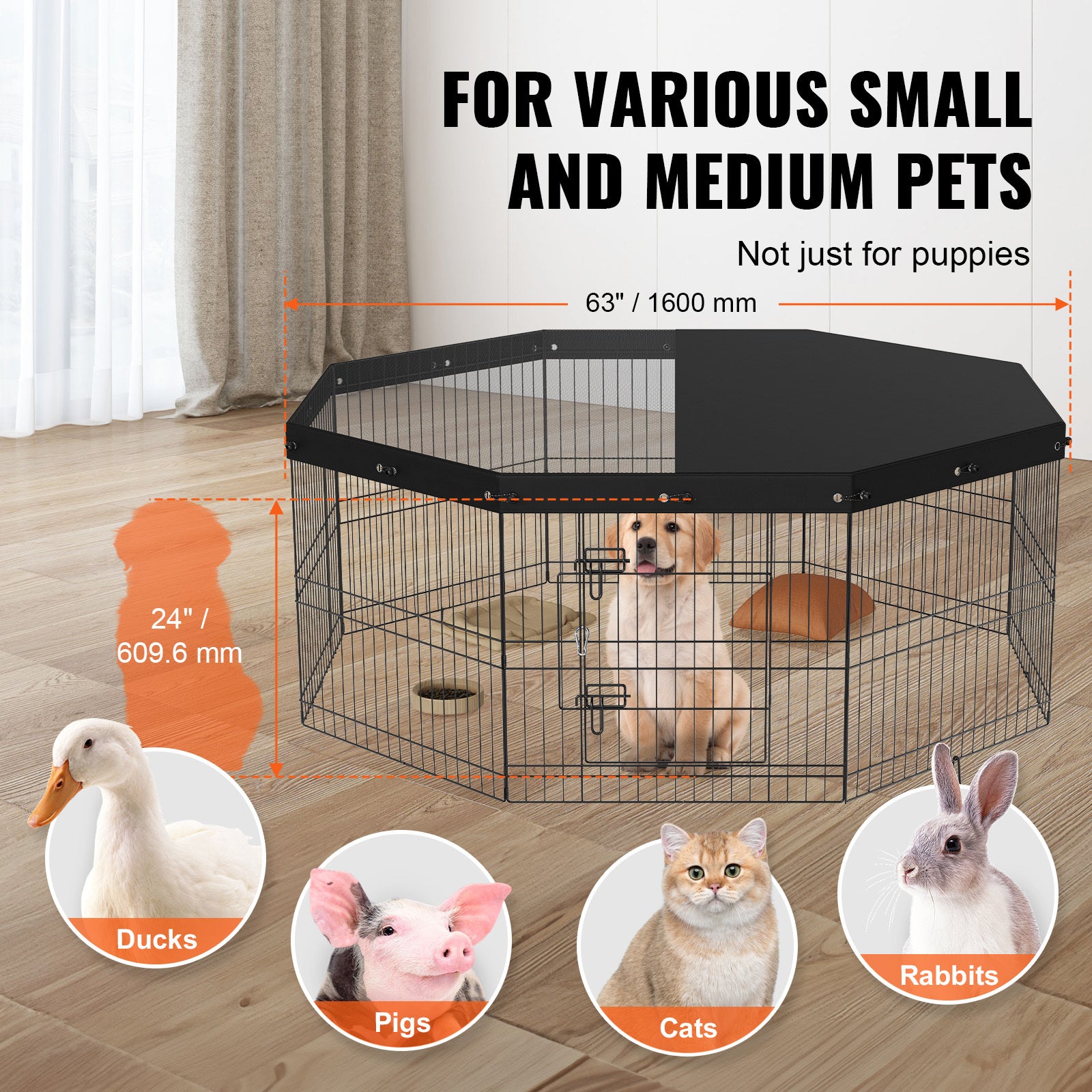 8 Panels Foldable Metal Dog Playpen With Top Cover, 24inch H