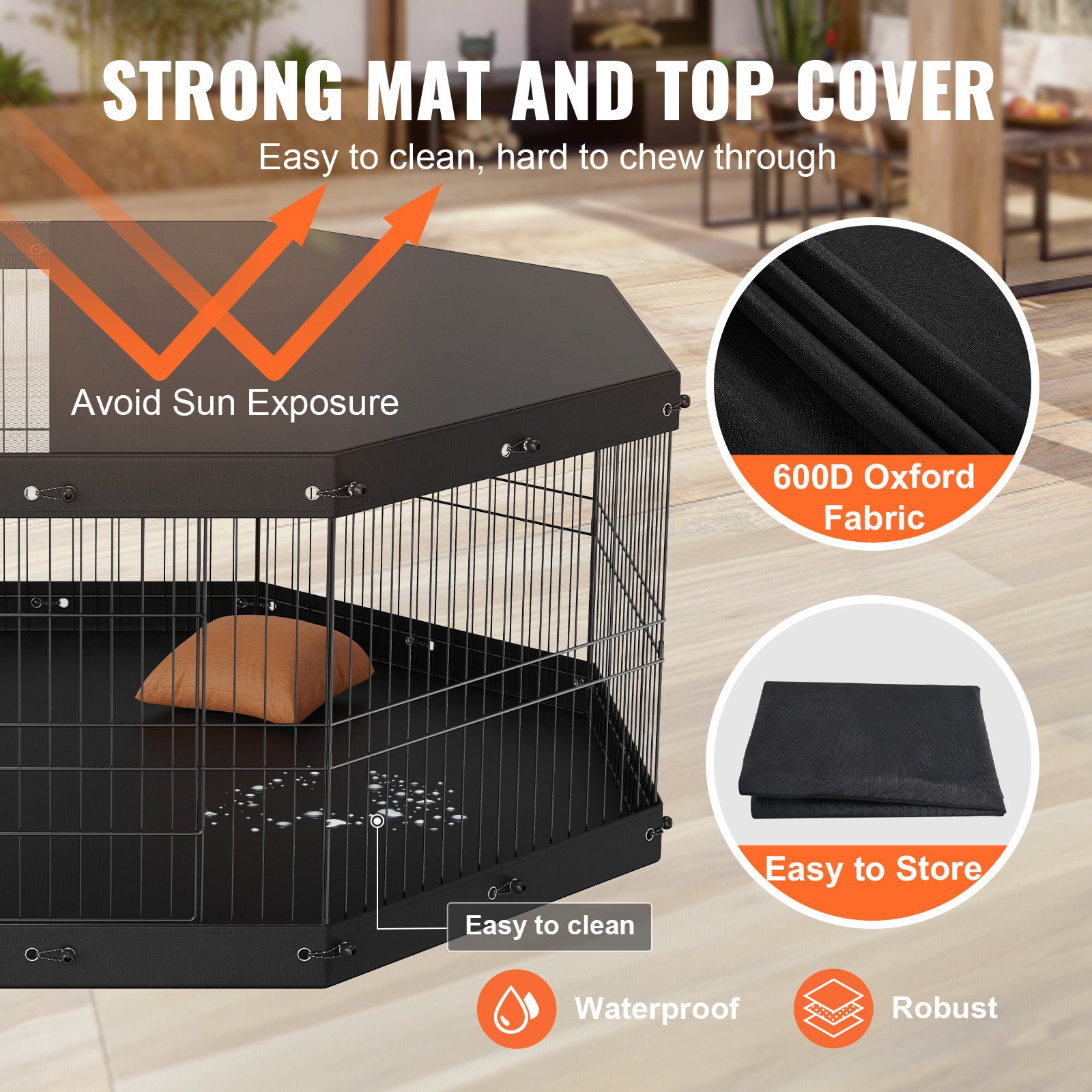 8 Panels Foldable Metal Dog Playpen With Top Cover And Bottom Pad, 24in Height