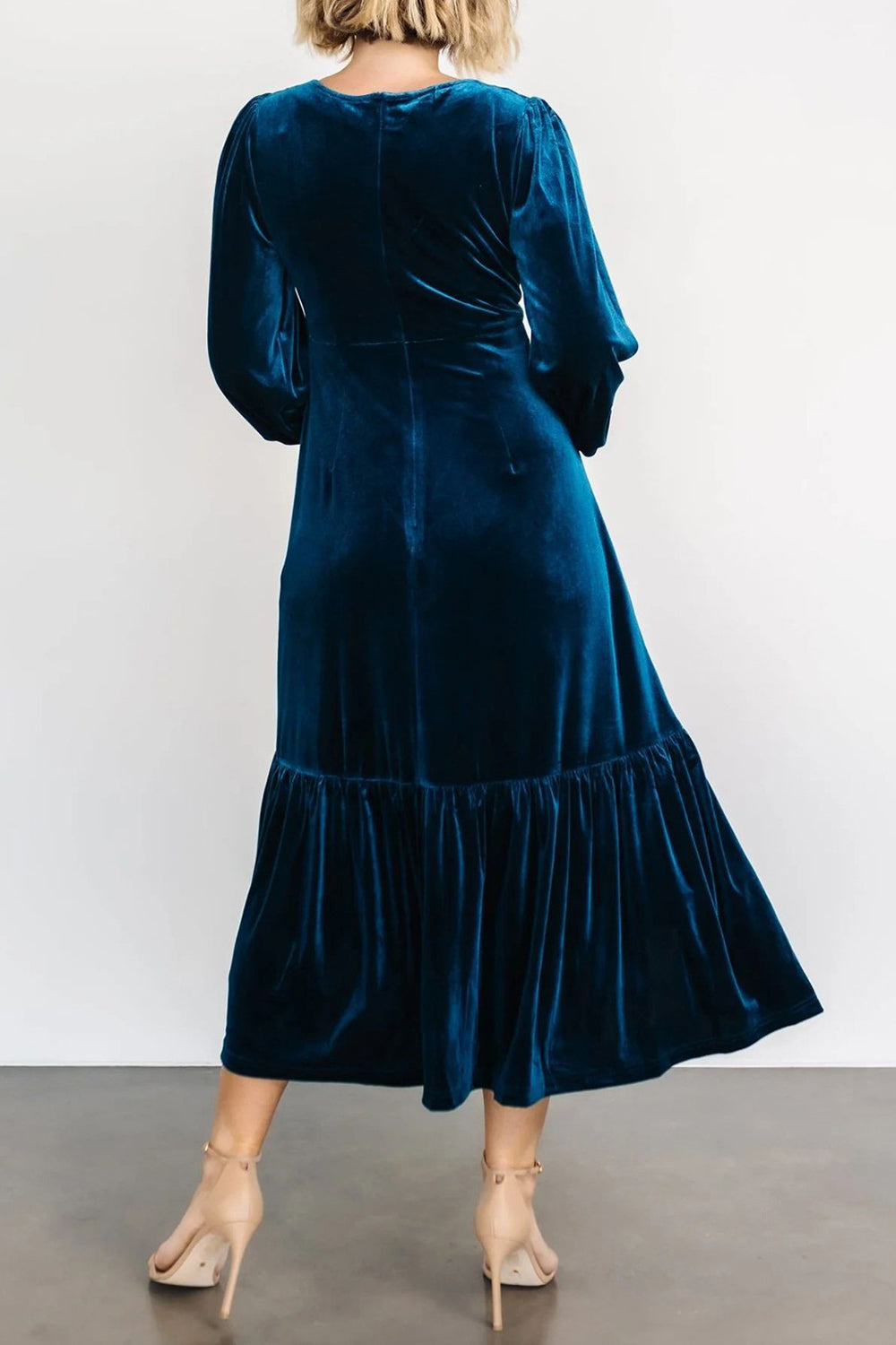 V-Neck Long Sleeve Midi Velvet Dress