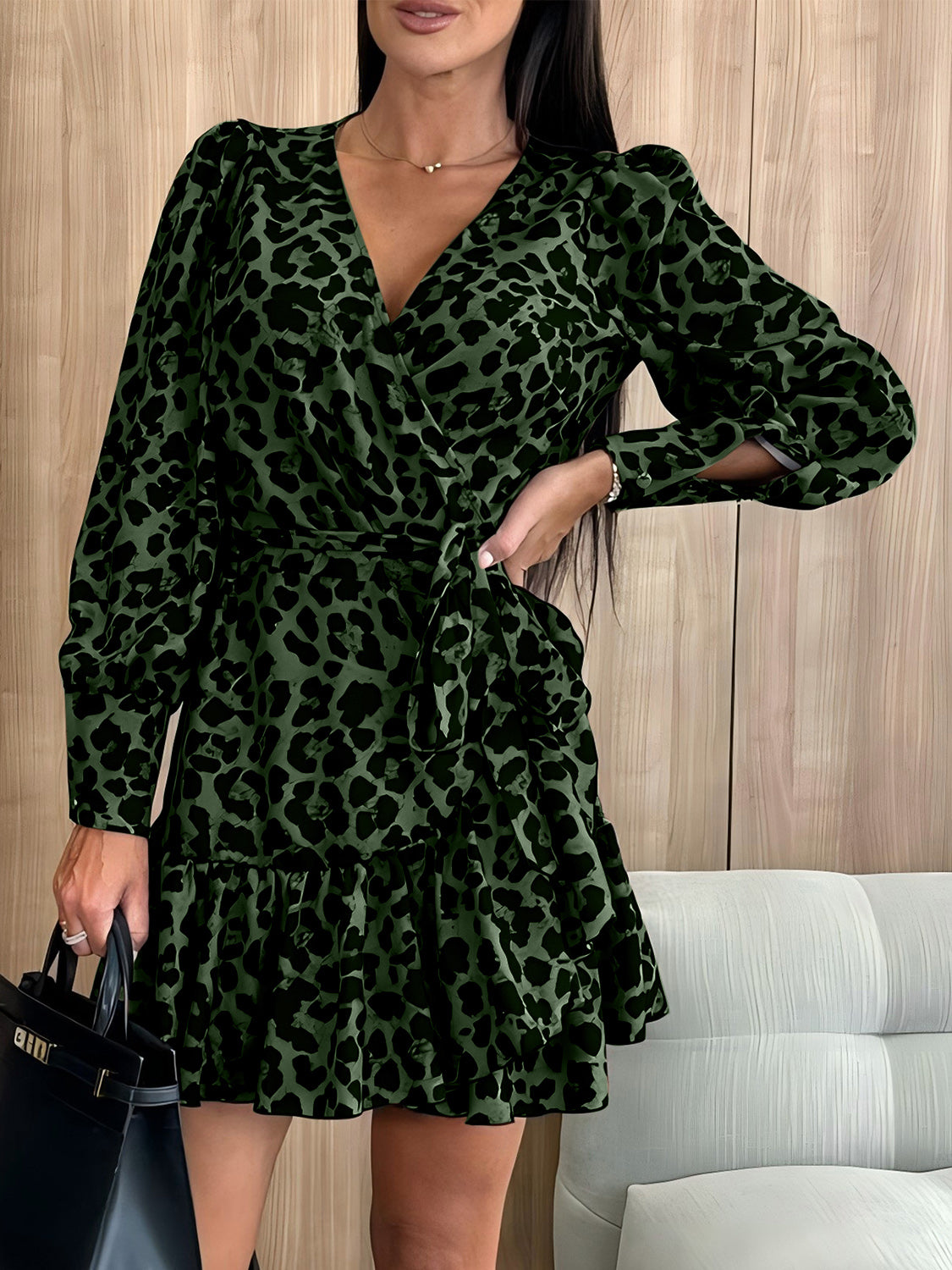 Tied Leopard Surplice Long Sleeve Dress