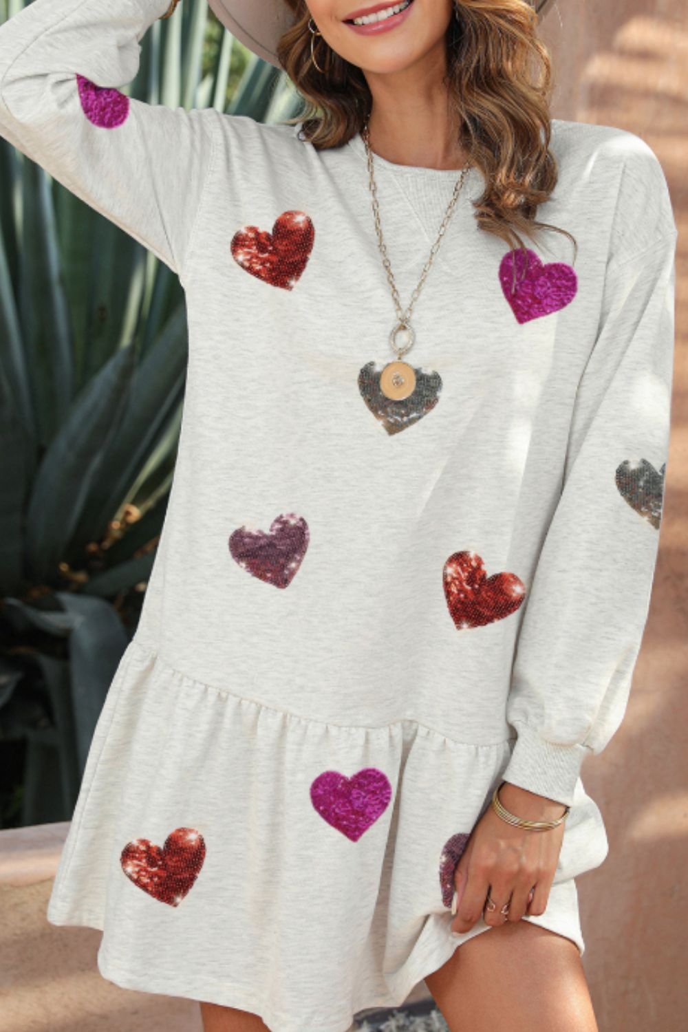 Sequin Heart Round Neck Long Sleeve Mini Dress