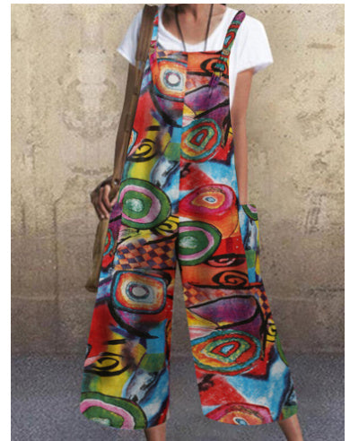 Printed Button Suspender Jumpsuit