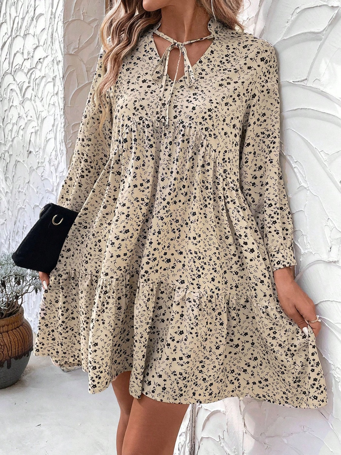 Tied Printed Long Sleeve Mini Dress