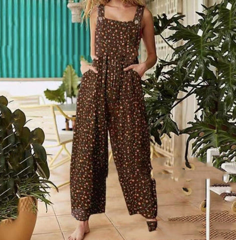 Printed Button Suspender Jumpsuit