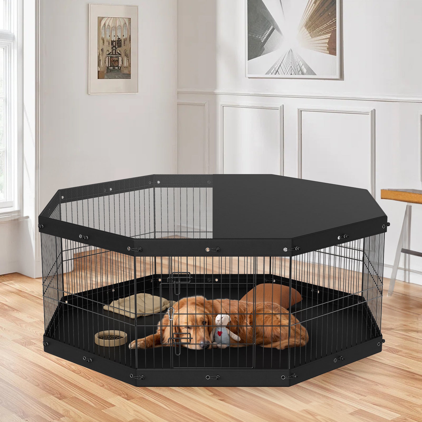 8 Panels Foldable Metal Dog Playpen With Top Cover And Bottom Pad, 24in Height