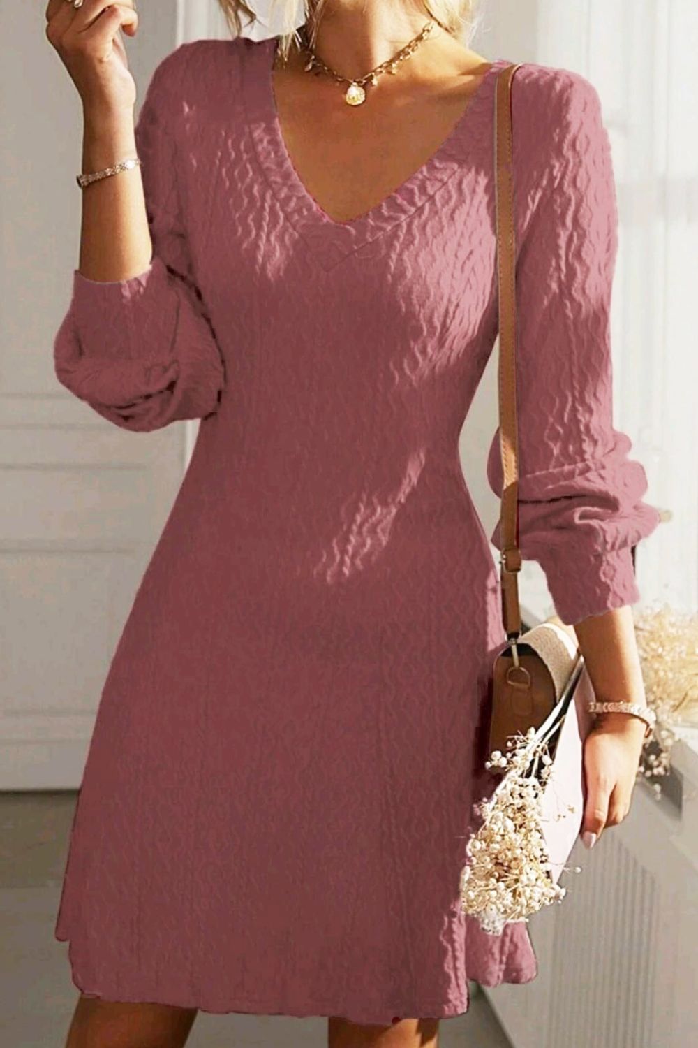 Texture V-Neck Long Sleeve Dress