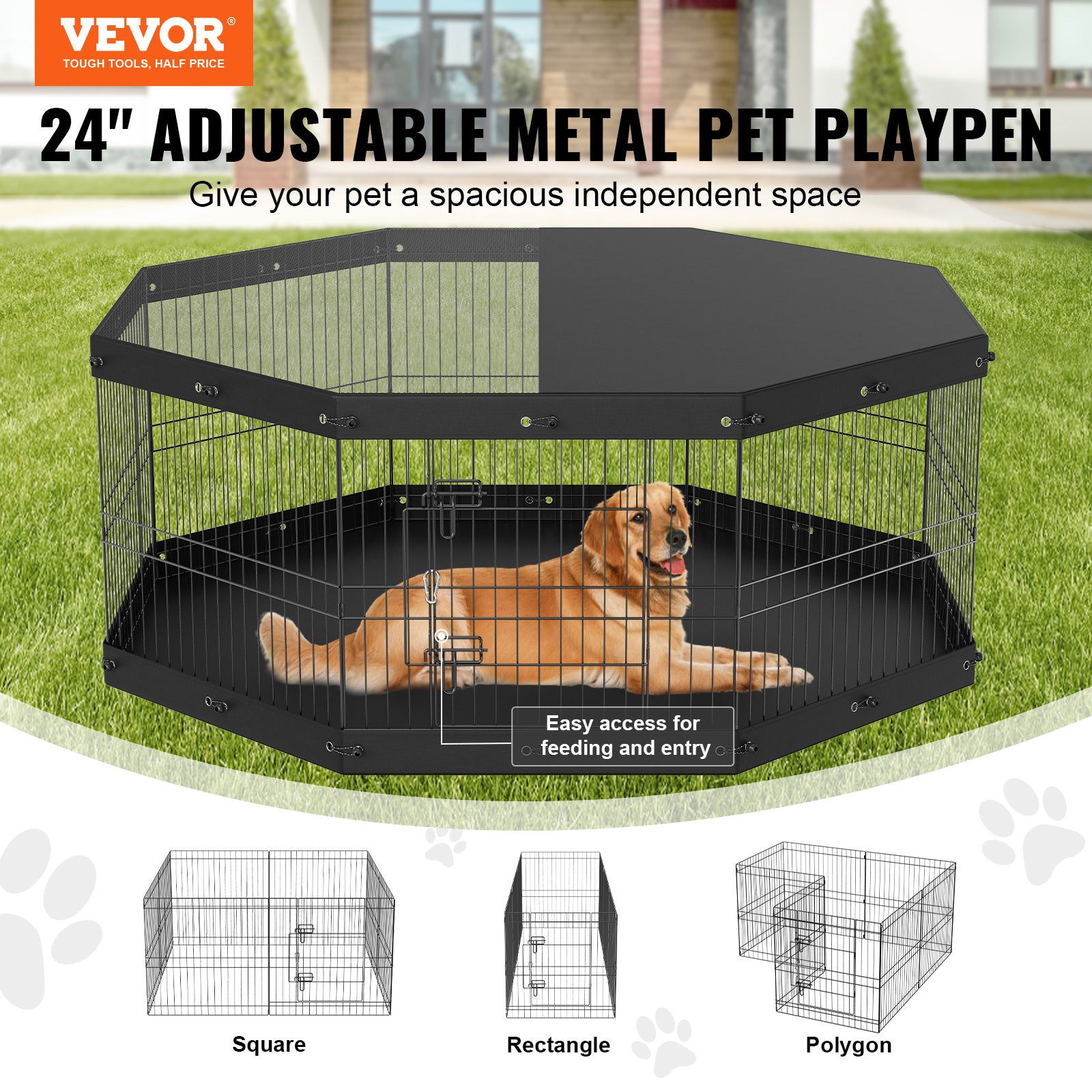 8 Panels Foldable Metal Dog Playpen With Top Cover And Bottom Pad, 24in Height