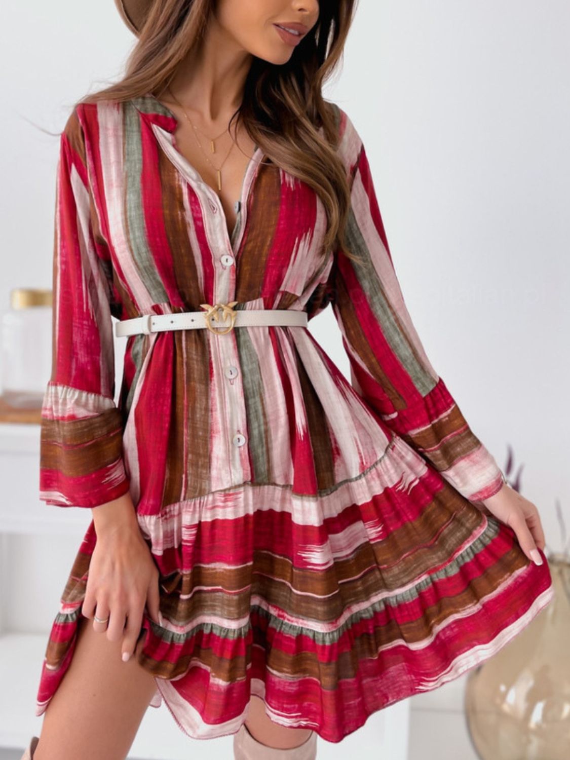 Buttoned Striped Long Sleeve Mini Dress