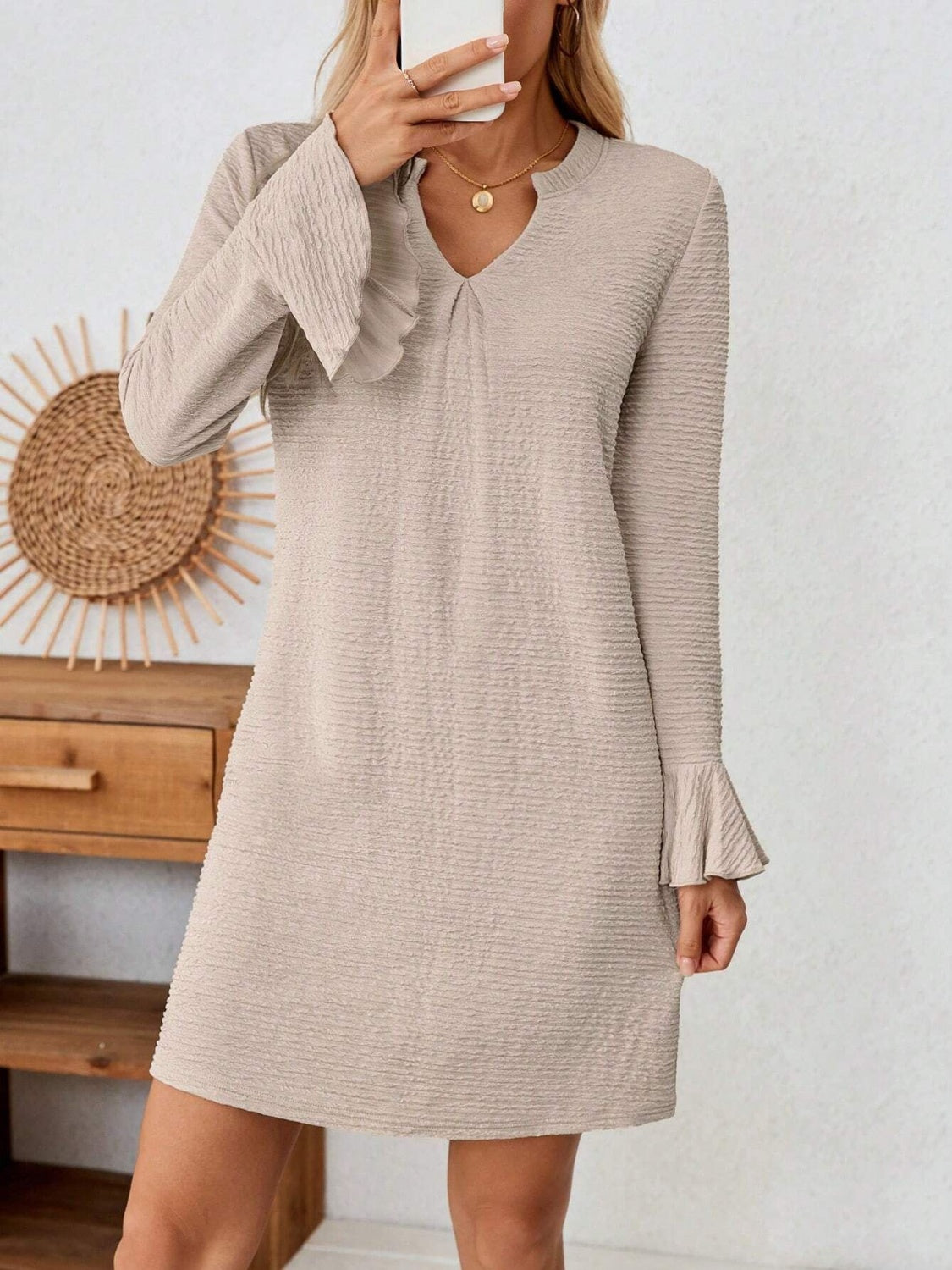 Notched Flare Sleeve Mini Dress